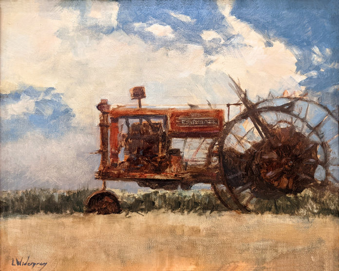 Oil painting of an old red tractor