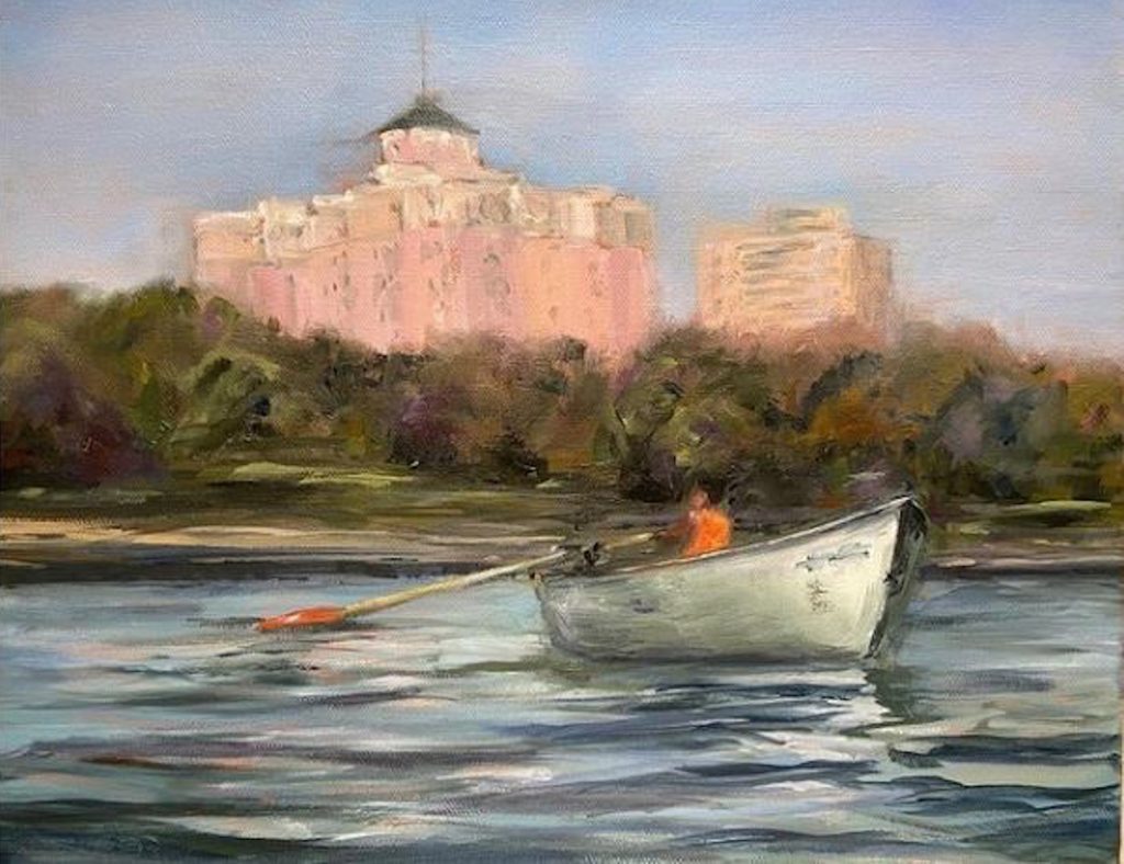 Olga Kornfeld, "Edgewater (with Boat)," Oil, 10 x 13 in.
