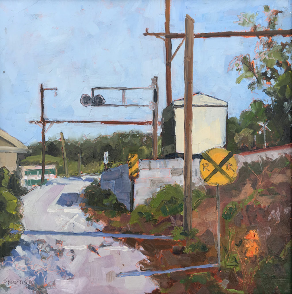 Sarah Baptist, "RR Crossing," 2018, oil, 12 x 12 in. Collection the artist Plein air