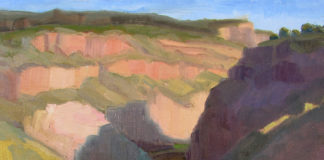 Oil painting of the Rio Grande running through red rock canyon