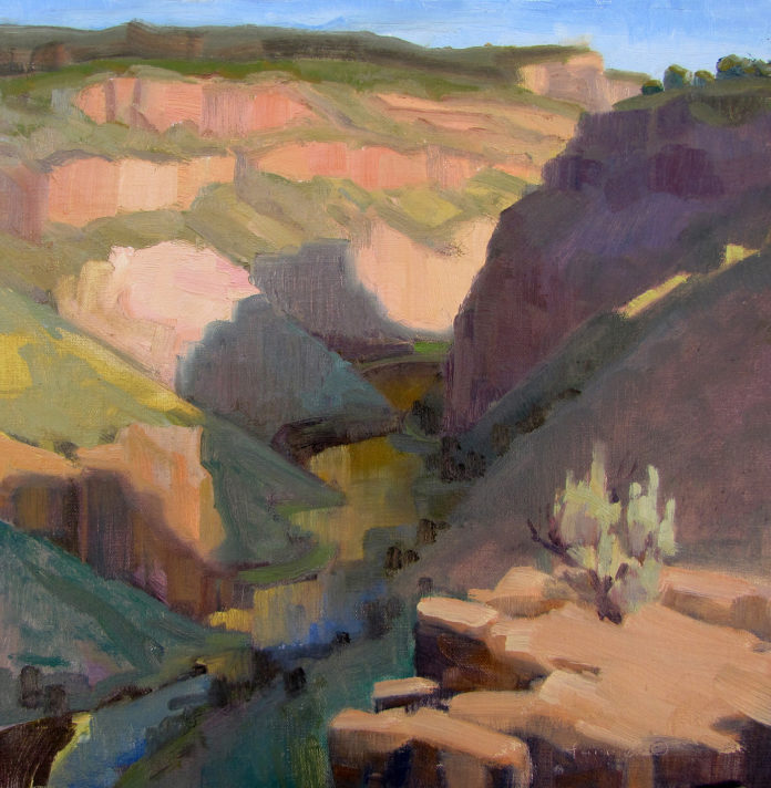 Oil painting of the Rio Grande running through red rock canyon