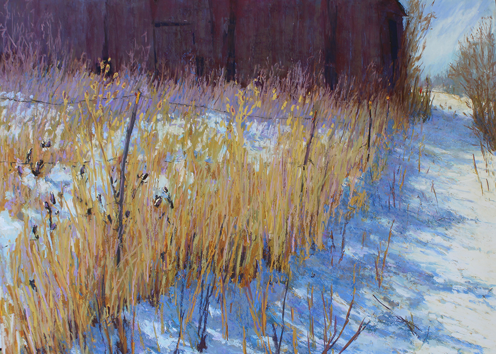 Pastel painting of grasses in snow on the side of a barn