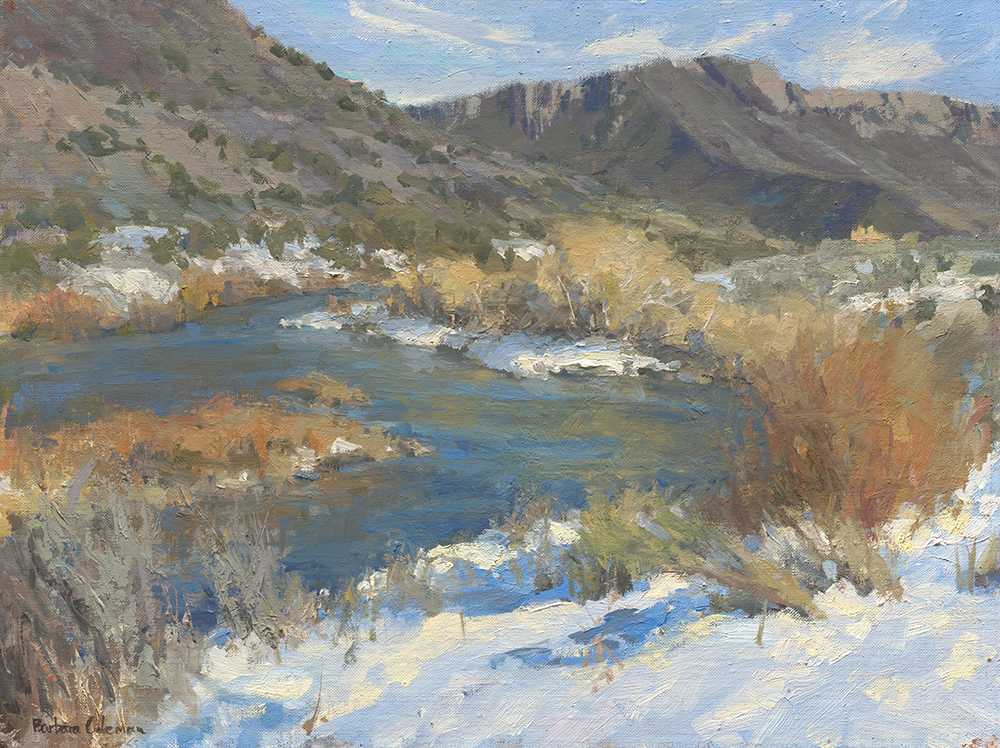 Oil painting of a river in winter with snow