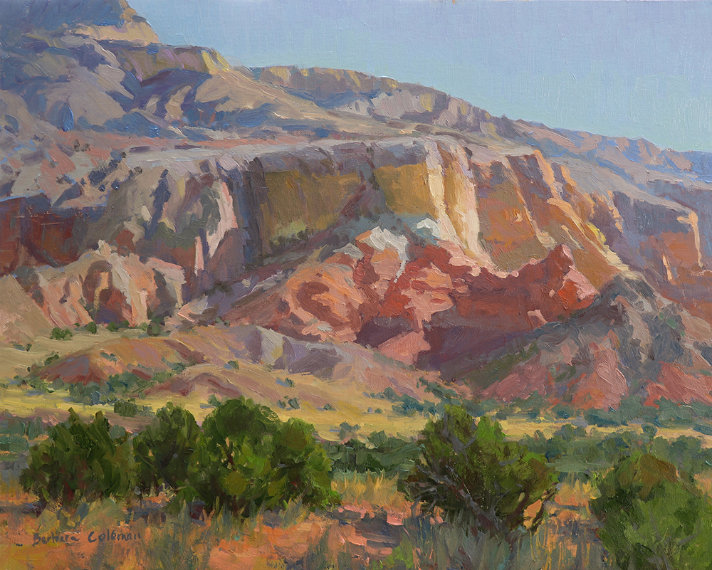 Oil painting of red rock formations