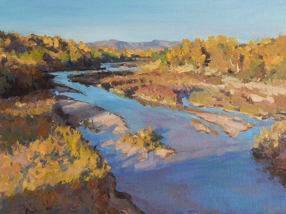 Oil painting of a river as viewed from a bridge