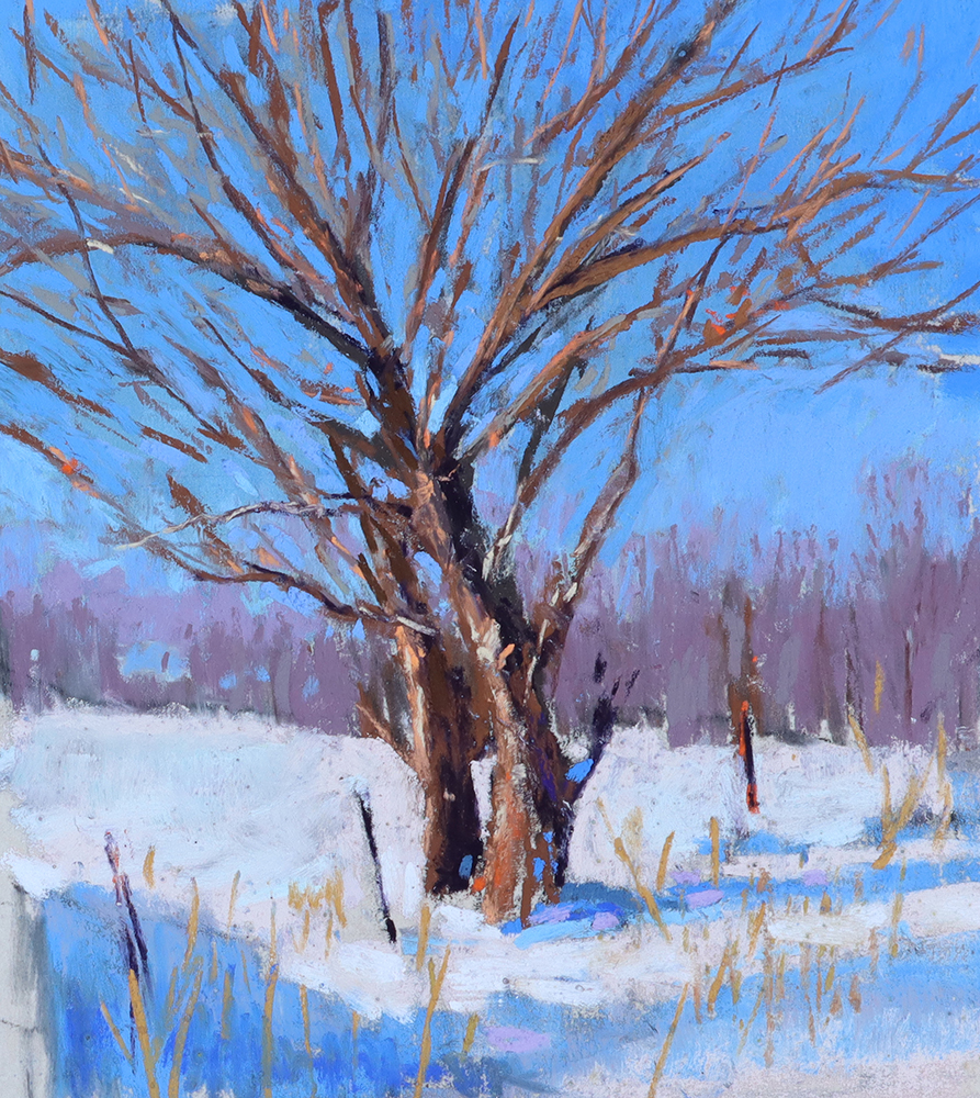 Pastel painting of a tree in a snowy field