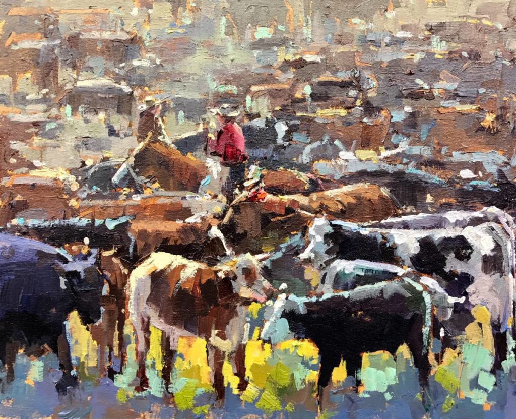 Michele Usibelli, "Cattle Drive," 2018, oil, 8 x 10 in. Collection the artist, Studio