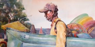 Francesco Fontana, "Selling Floats on the Beach," watercolor, 54 x 735 cm