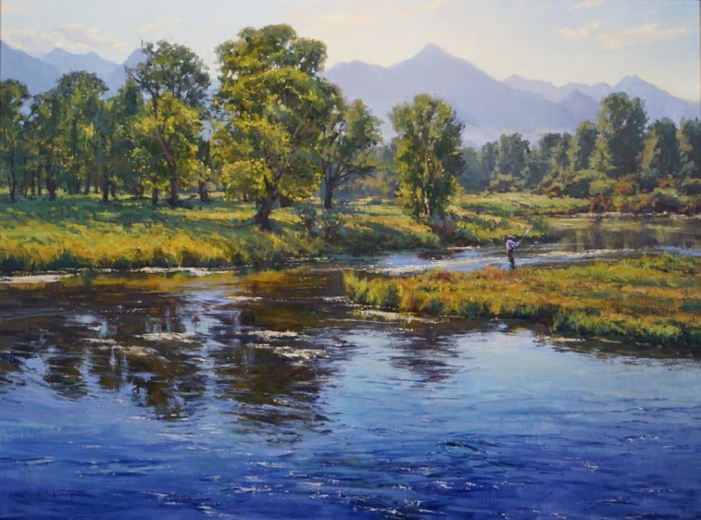 Aaron Schuerr, "Spring Creek Fishing," oil, 30 x 40 in.