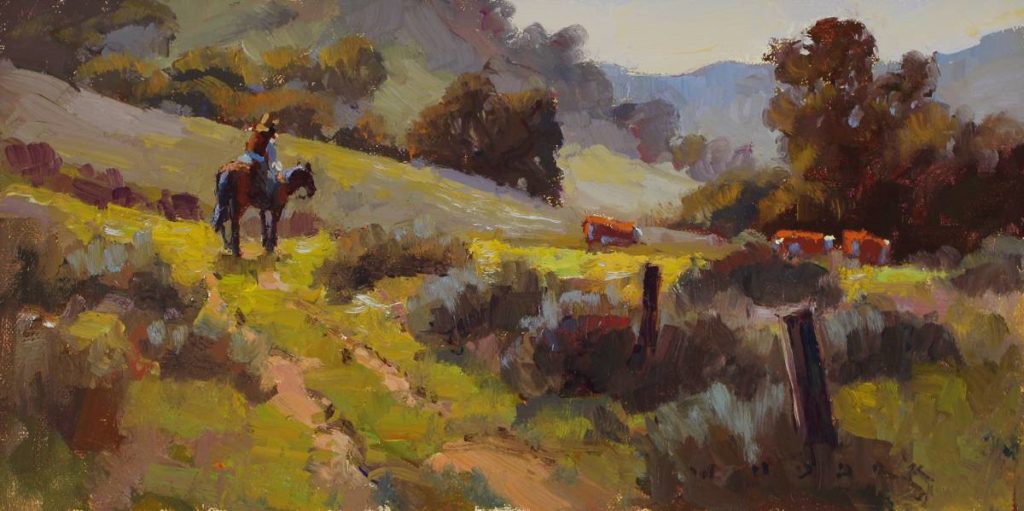 Jim Wodark, "Spring Trail," 2019, oil, 6 x 12 in. Collection the artist Plein air