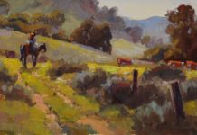 Jim Wodark, "Spring Trail," 2019, oil, 6 x 12 in. Collection the artist Plein air