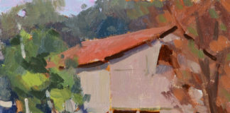 Oil painting of a barn with fencing out front