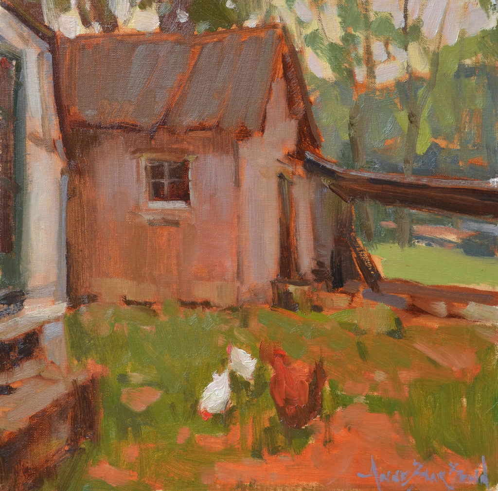 Oil painting of a barn with chickens outside