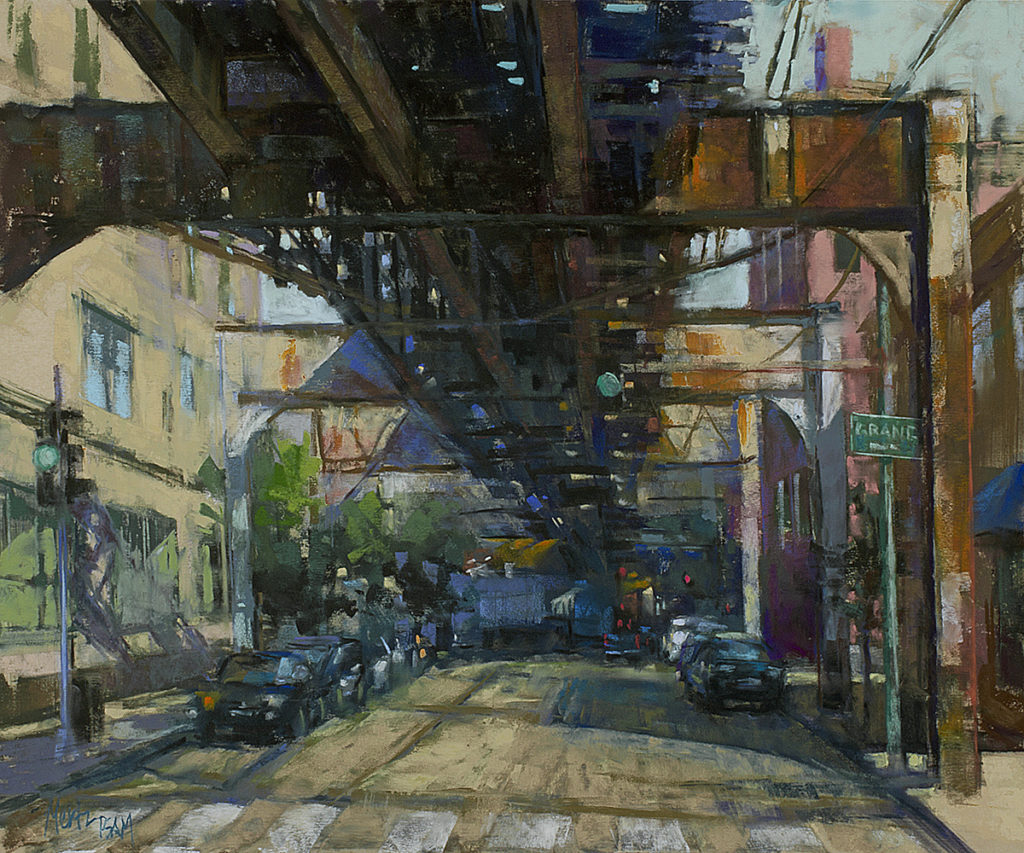 Pastel painting of a street under el train tracks