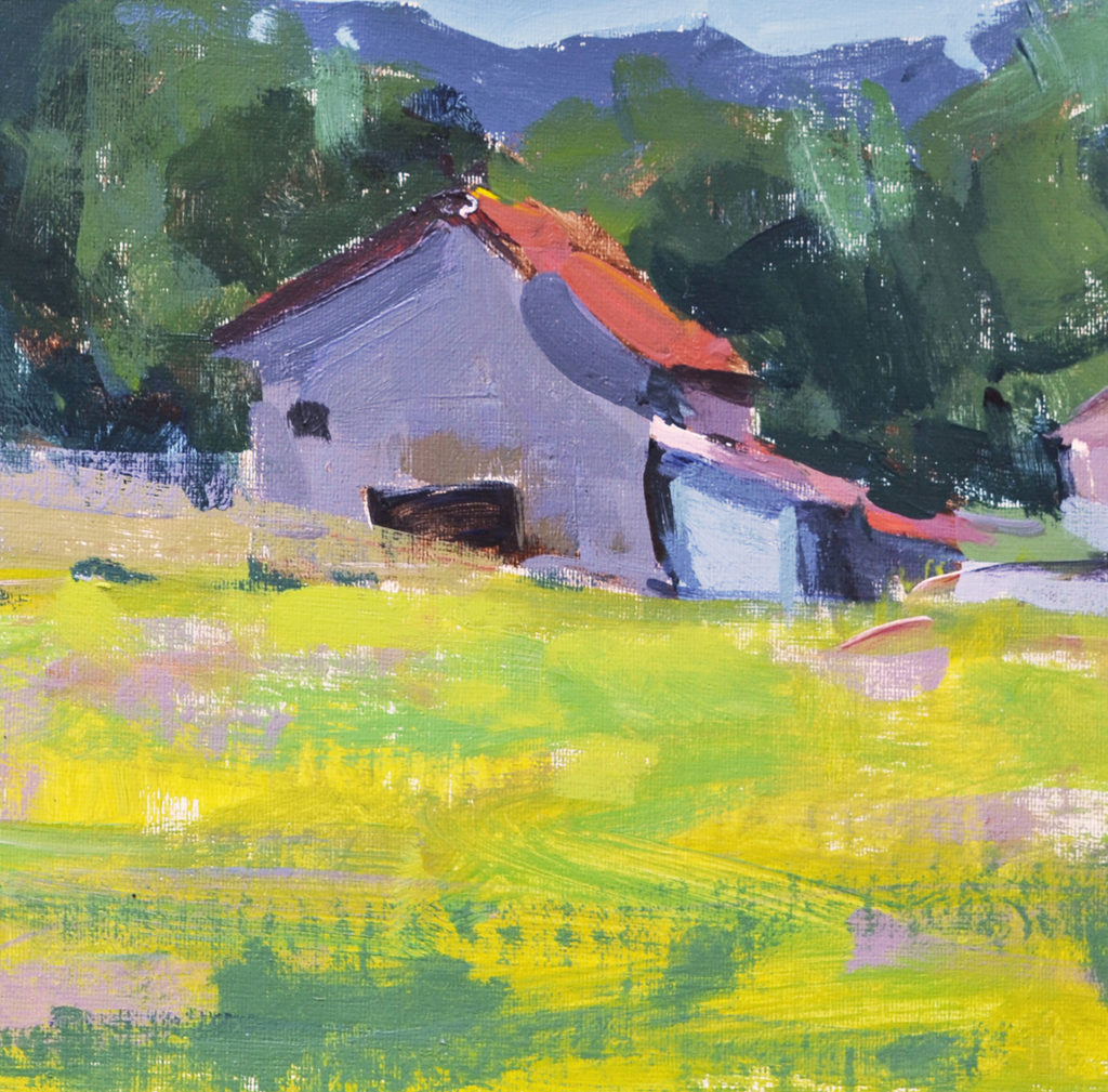 Oil painting of a barn on a grassy hillside