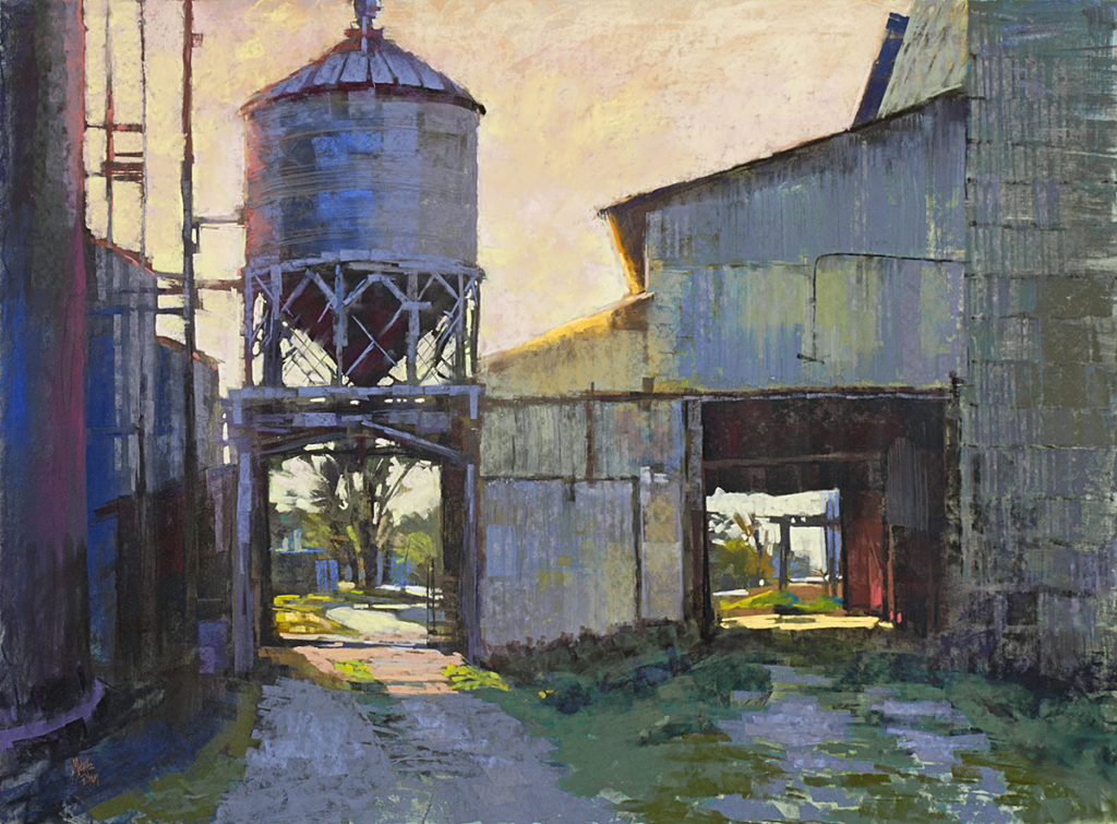 Pastel painting of a grain elevator
