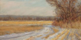 Plein air landscape painting of a snowy field