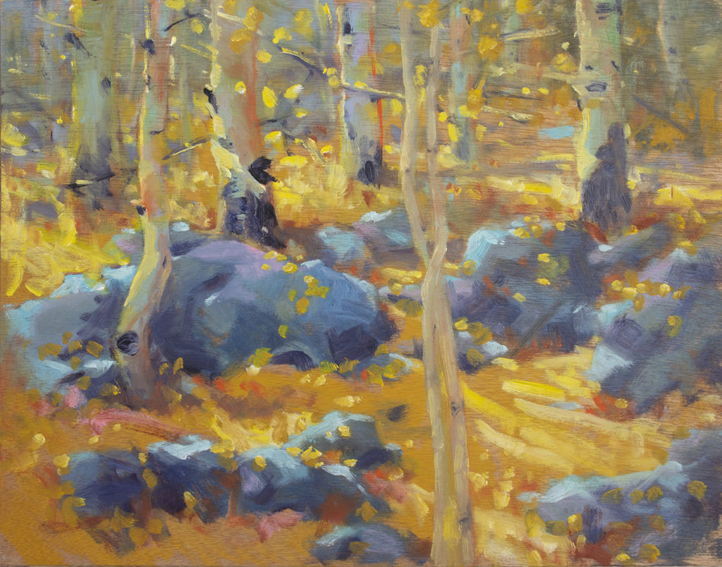 Oil painting of aspen tress and rocks