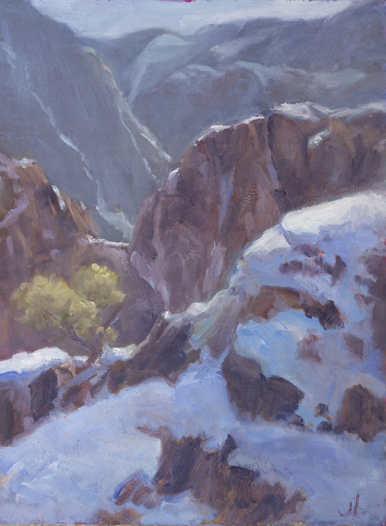 Oil painting of a gorge with snow on the rocks
