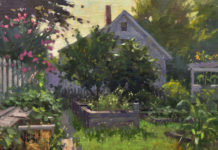 Oil painting of house surrounded by foliage