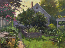 Featured Artwork: Bill Farnsworth Oil painting of house surrounded by foliage