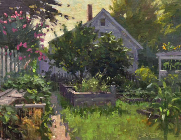 Oil painting of house surrounded by foliage