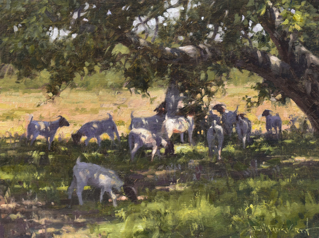 Oil painting of goats grazing