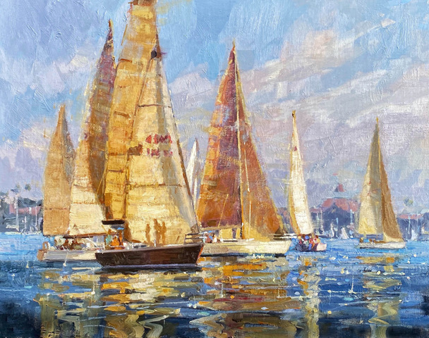Painting impressionism boats - Debra Huse, "Colorful Competition ll,” 16 x 20 in., California Art Club Gold Medal exhibit 2021