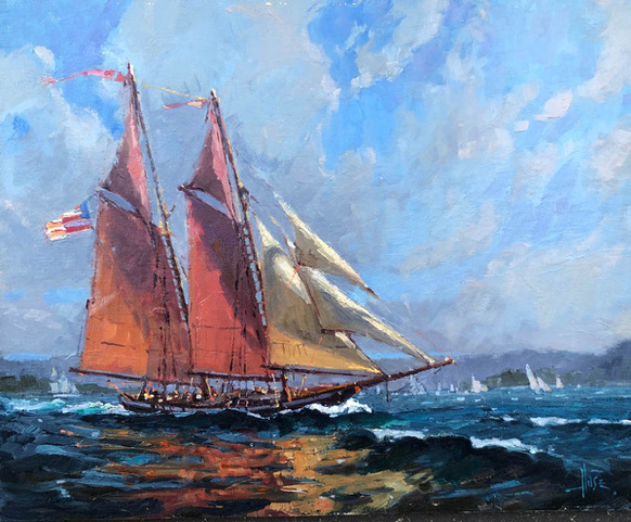 Painting boats - Debra Huse, "Shootin’ the Breeze," 16 x 20 in., Award Winner of December Plein Air Salon 2021