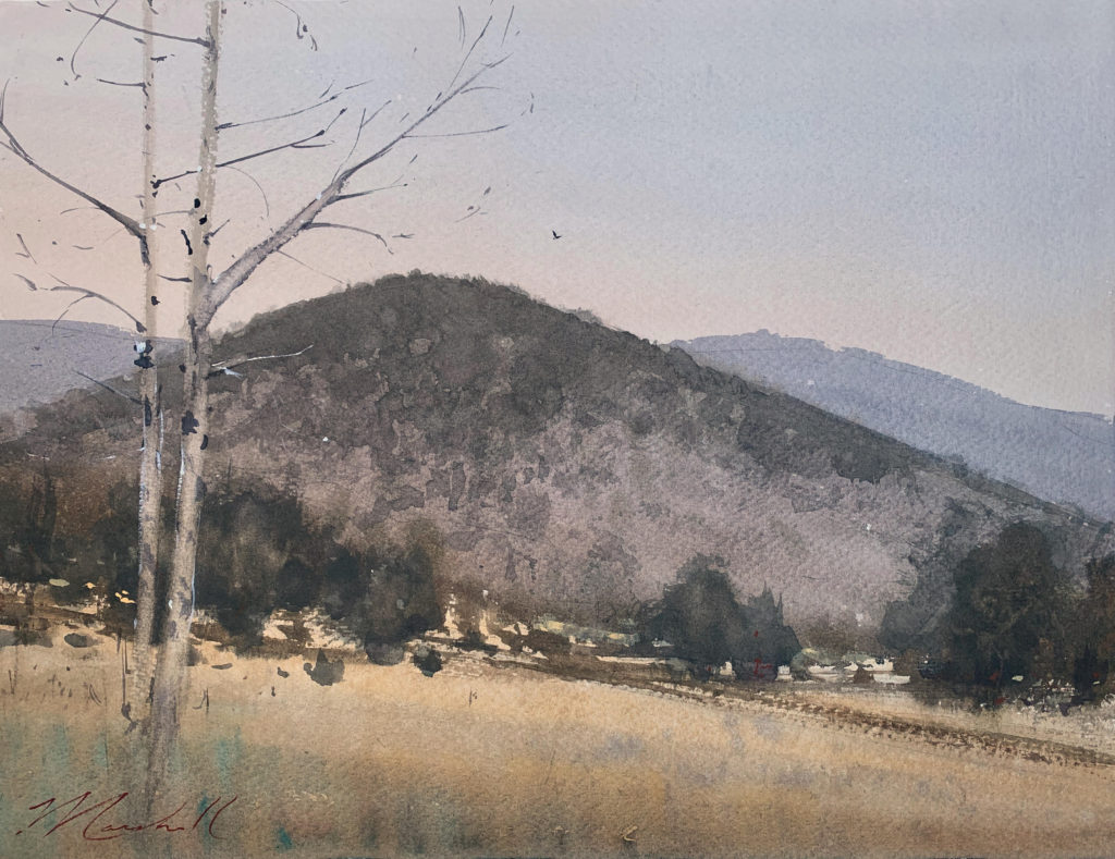 Landscape painting composition - Dan Marshall, "Sawmill Trail, Dusk," 2019, watercolor, 14 x 19 in., Collection the artist, Plein air and studio