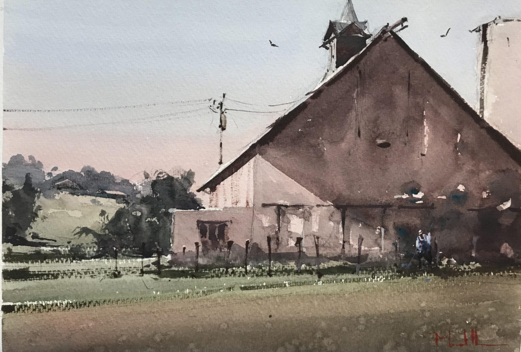 Landscape painting composition - Dan Marshall, "Sedalia Shadows," 2018, watercolor, 10 x 14 in. Collection the artist Plein air