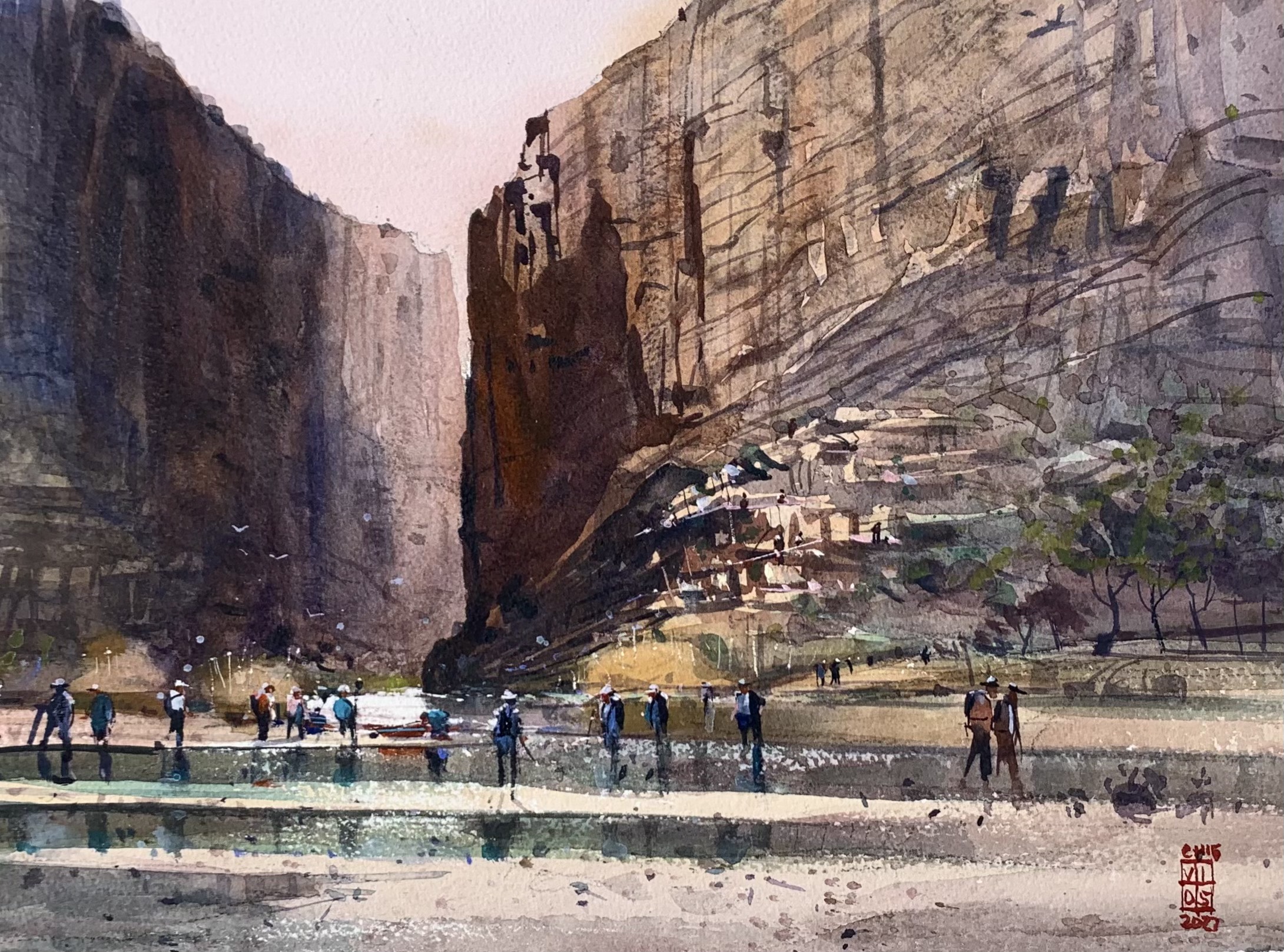 Watercolor painting of a canyon