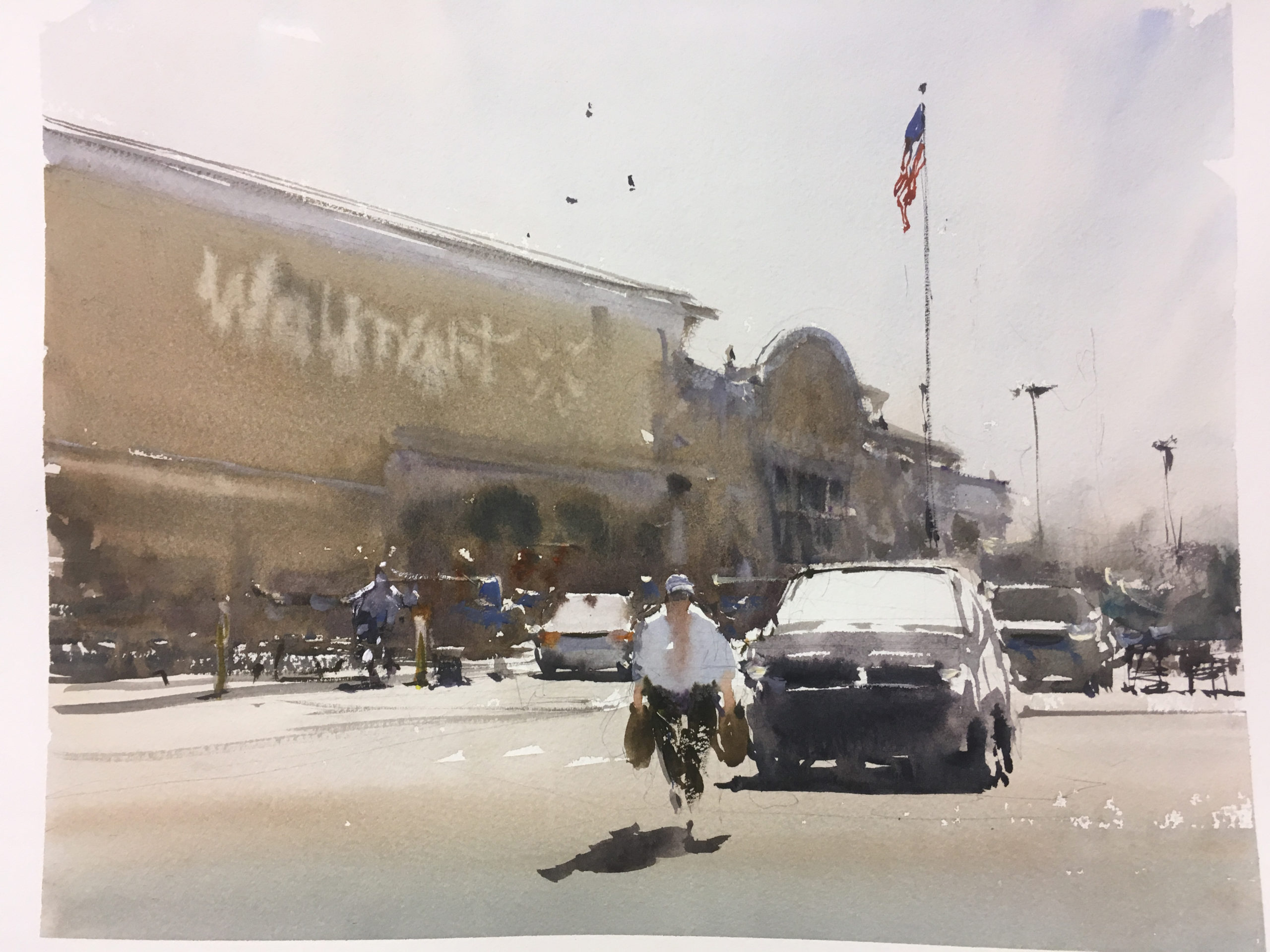 Joseph Zbukvic, "Walmart Car Park in Dallas," 2016, watercolor, 9 3/4 x 13 3/4 in., private collection, plein air 