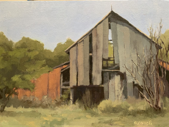 oil painting of abandoned barn