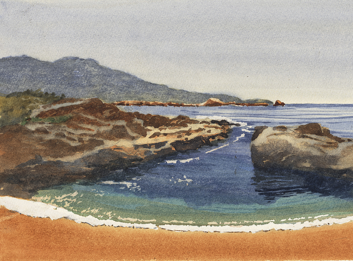 watercolor plein air painting of ocean scene