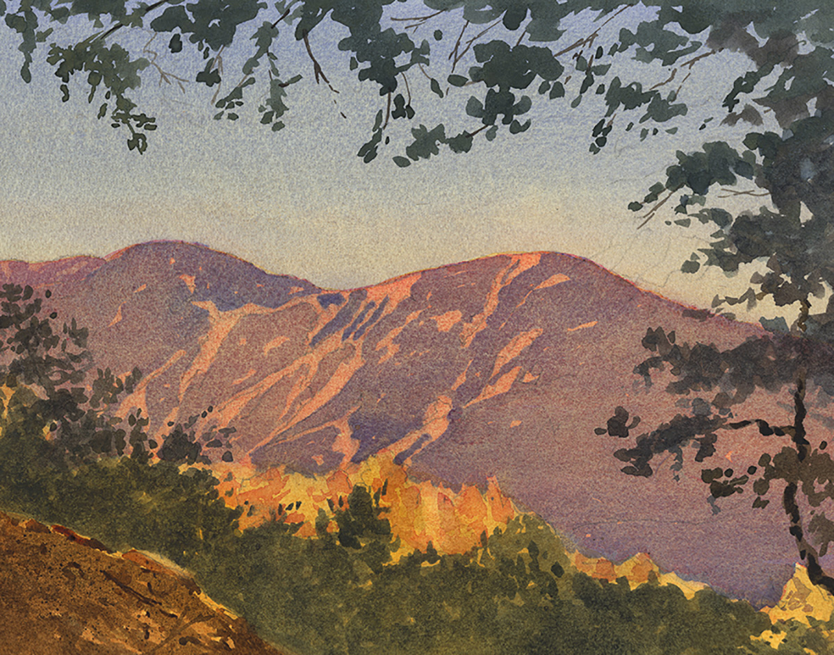 watercolor painting of sunset over mountains