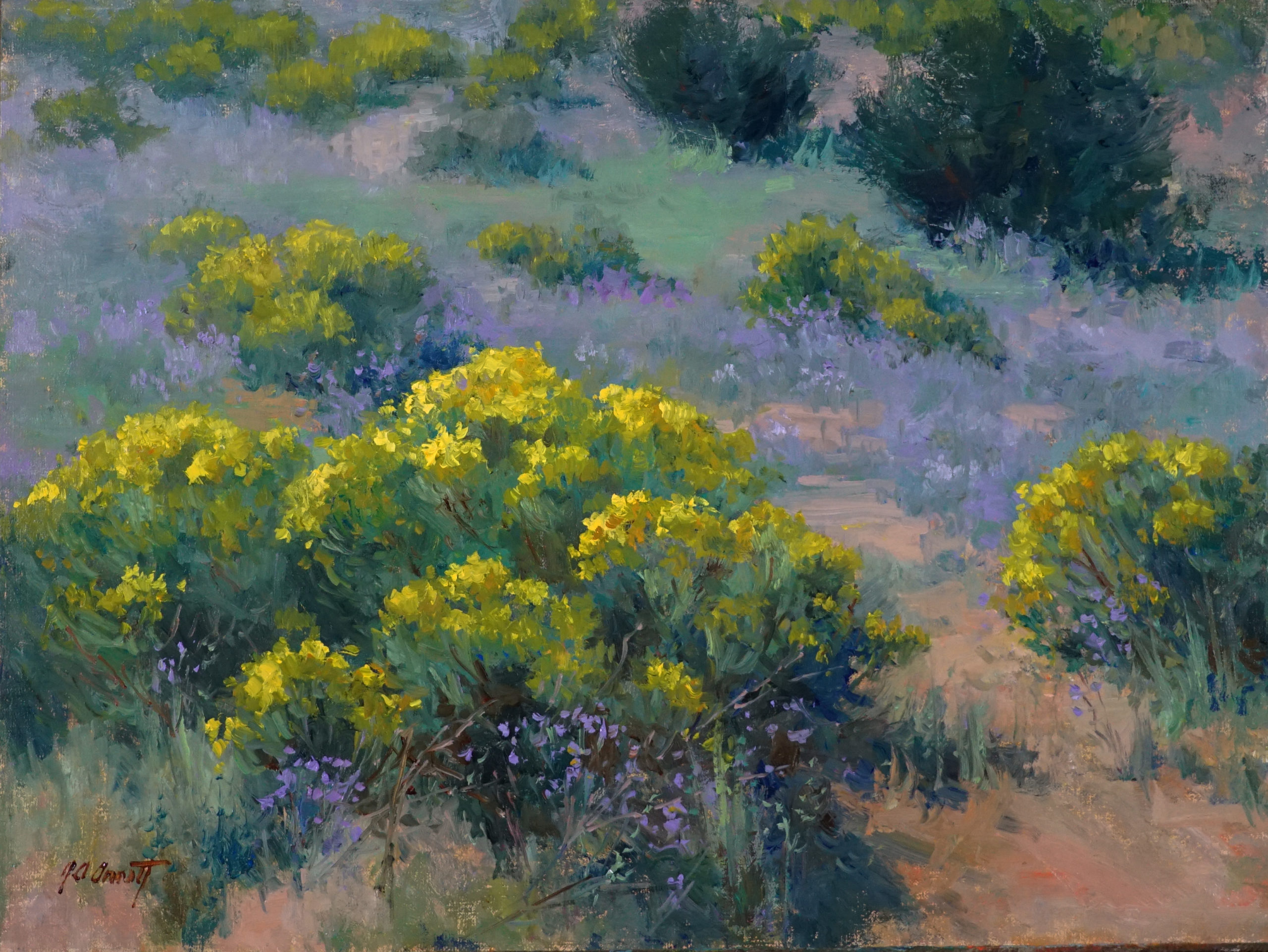 "Chamisa Field with Asters," by Joe Anna Arnett, plein air painting desert