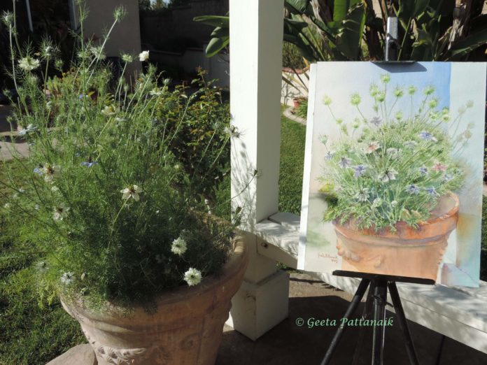 Painting flowers outdoors