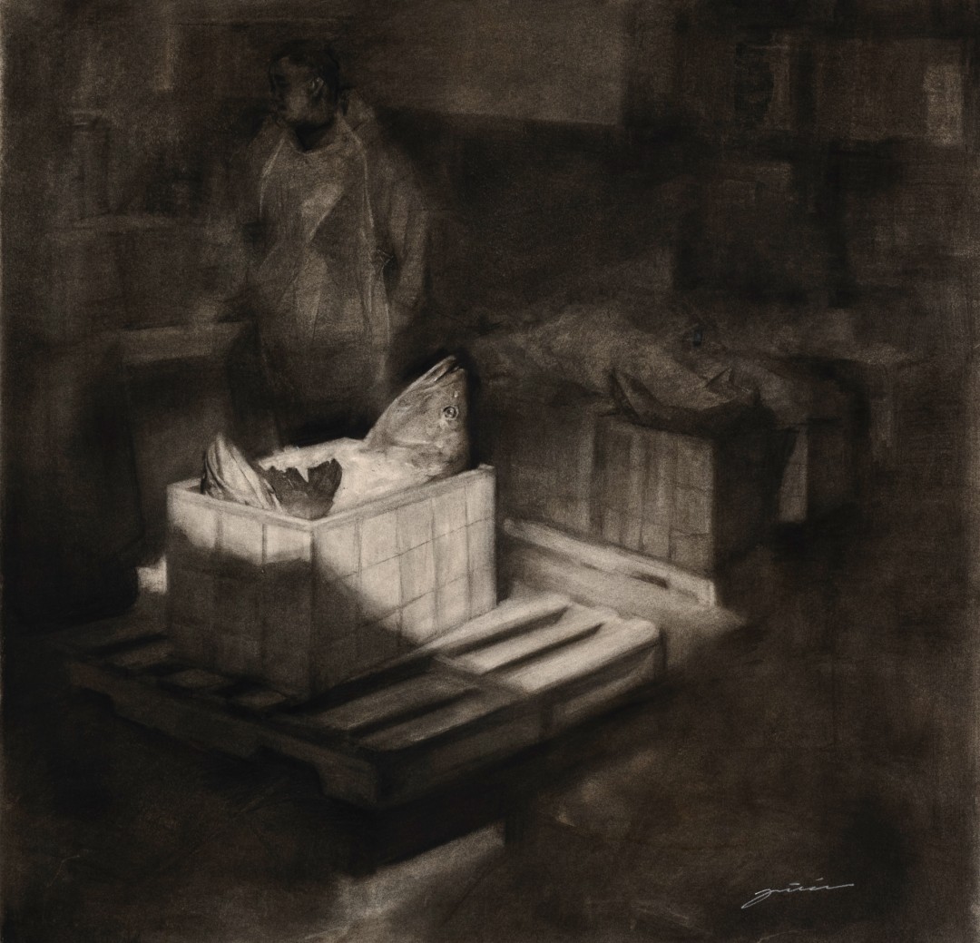 Li Volk, "The Big Catch," charcoal, 24 x 24 in.