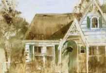 Beth Bathe, "Pipkas Cottage," 2017, water-mixable oils, 12 x 24 in., Private collection, Plein air