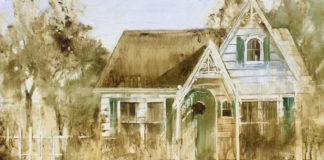 Beth Bathe, "Pipkas Cottage," 2017, water-mixable oils, 12 x 24 in., Private collection, Plein air