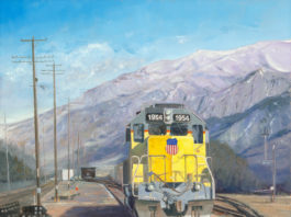 oil painting of yellow diesel train