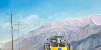oil painting of yellow diesel train