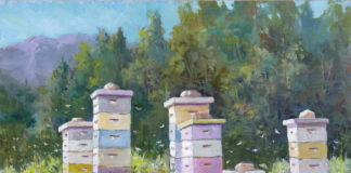 oil painting of Smoky Mountains beehives