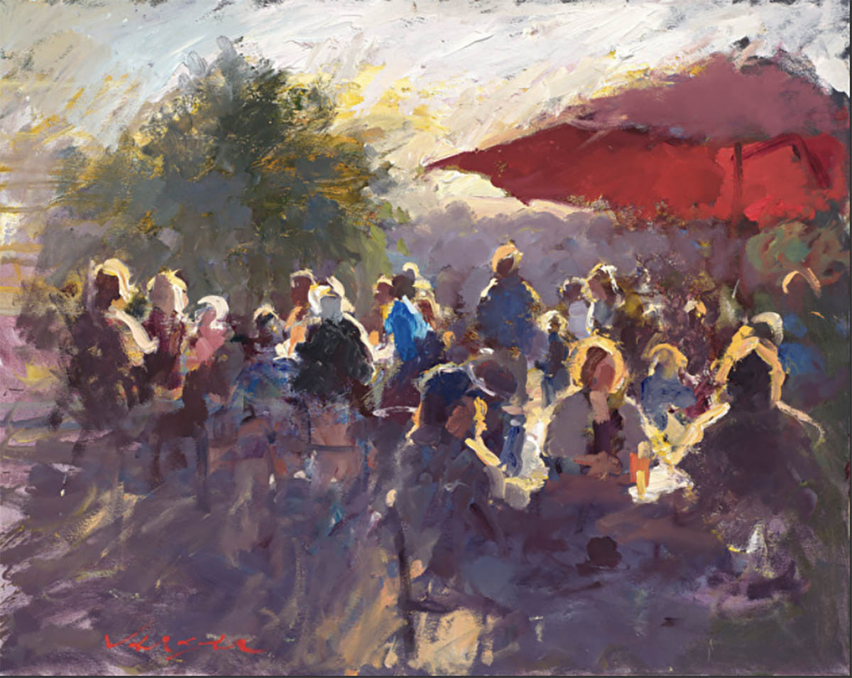 oil painting of people sitting at table during evening light