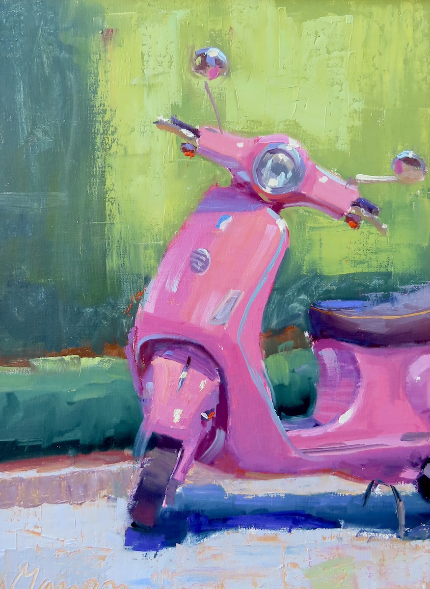 oil painting of pink moped 