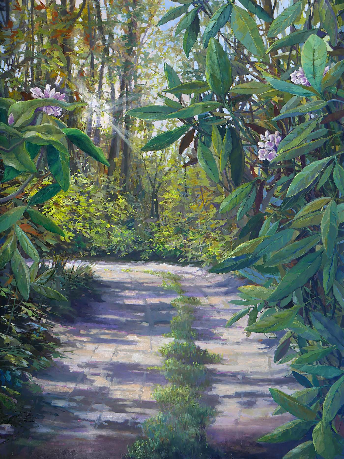 acrylic and oil painting of path through forest