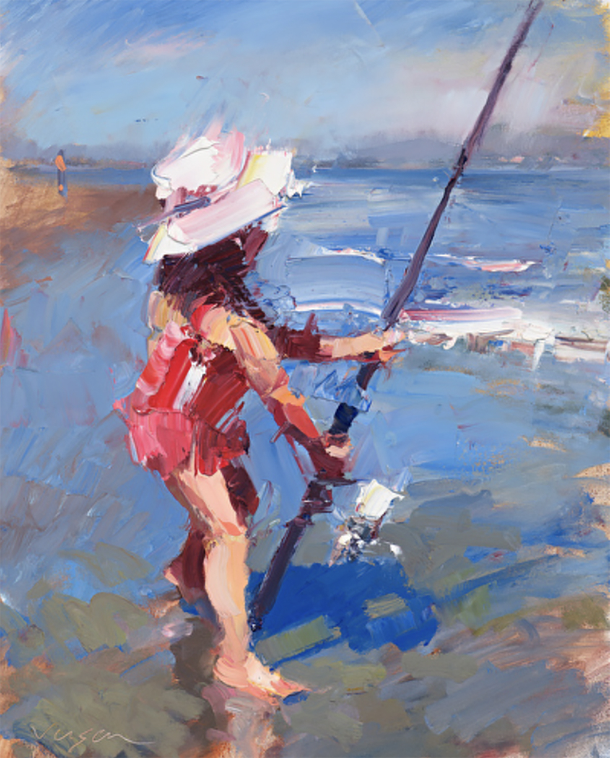 oil painting of little girl in a bathing suit, fishing