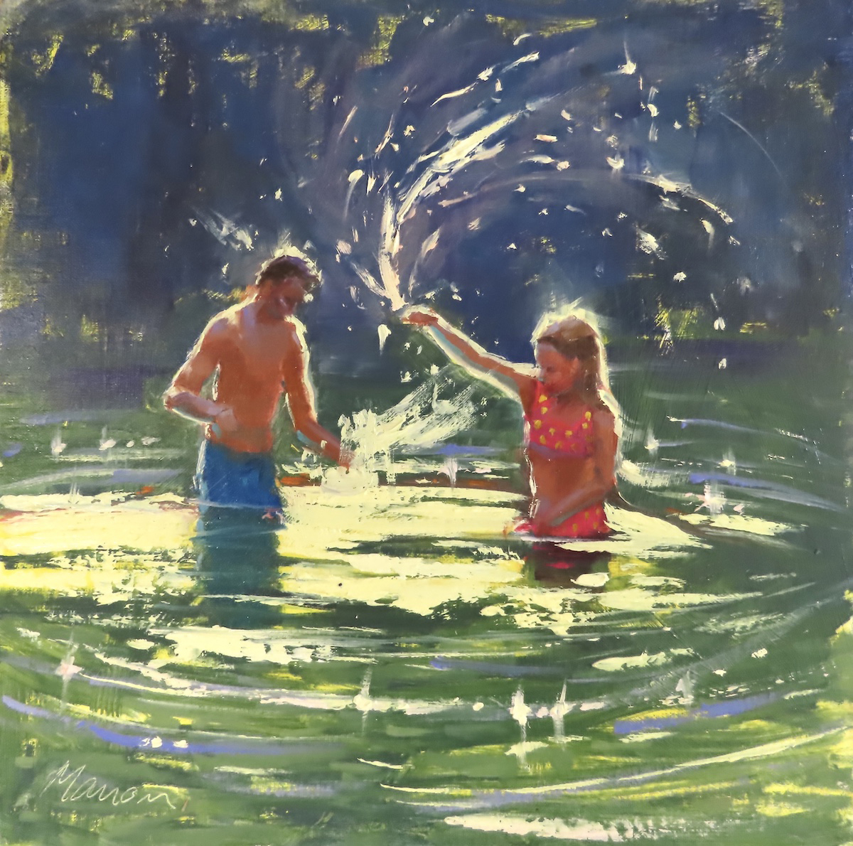 oil painting of people splashing in water