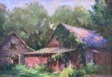 oil painting of red mule barn with vines growing on it